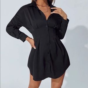 chic black blouse dress with free waist belt satin silk leather